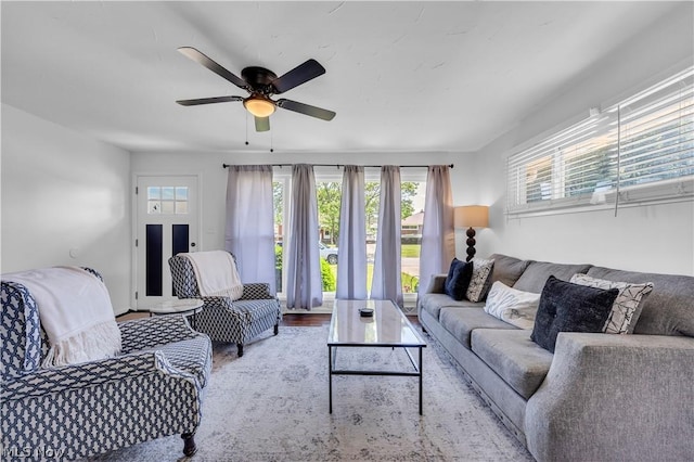 living room with ceiling fan and light hardwood / wood-style flooring