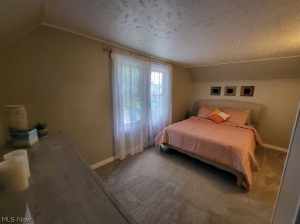 bedroom with vaulted ceiling, a textured ceiling, and carpet flooring