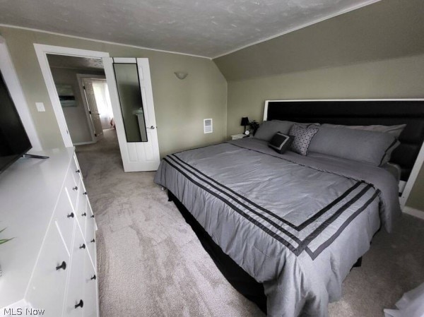 carpeted bedroom featuring lofted ceiling and a textured ceiling