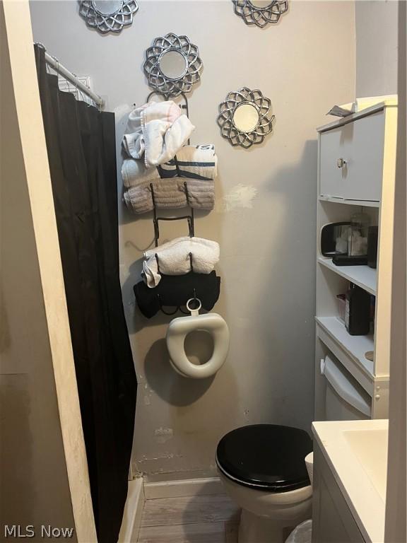 bathroom with hardwood / wood-style flooring, vanity, a shower with shower curtain, and toilet