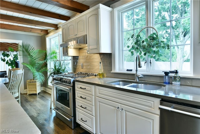 kitchen with beamed ceiling, stainless steel appliances, a healthy amount of sunlight, white cabinetry, and dark wood-type flooring