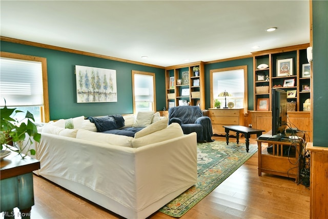 living room with light hardwood / wood-style flooring and ornamental molding