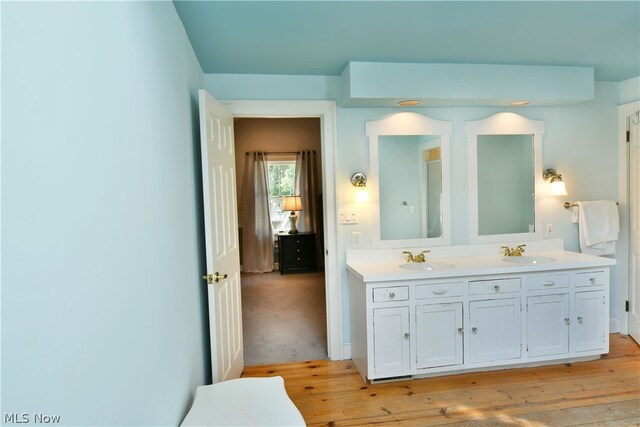 bathroom featuring hardwood / wood-style flooring and double vanity