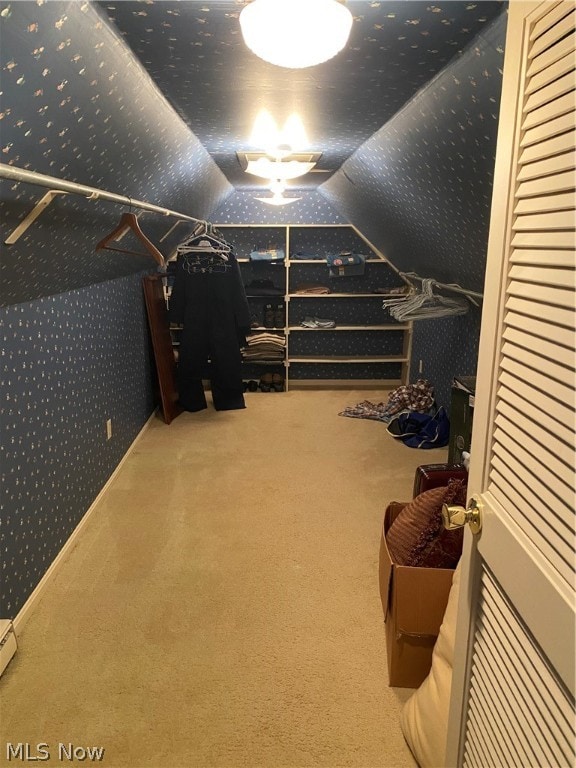 walk in closet with lofted ceiling and carpet floors