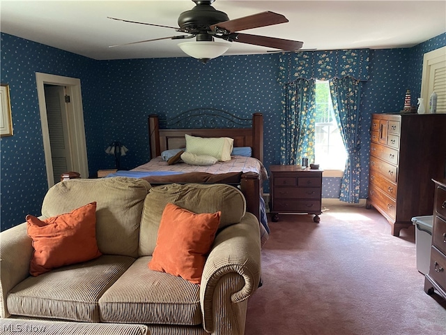 carpeted bedroom featuring ceiling fan