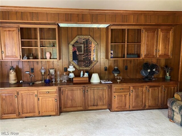 bar with ornamental molding, wood walls, and light colored carpet