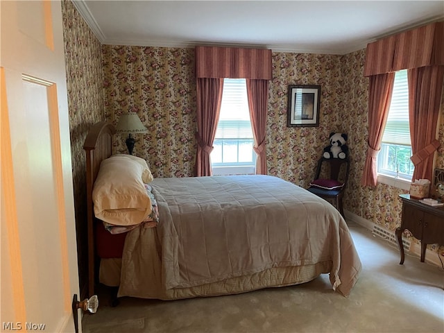 carpeted bedroom with ornamental molding and multiple windows