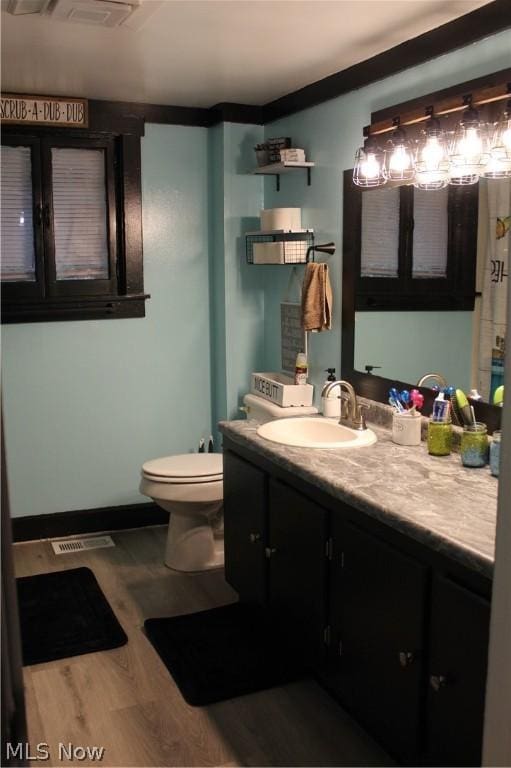 bathroom with hardwood / wood-style flooring, vanity, and toilet