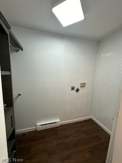 laundry area featuring hookup for a washing machine, a baseboard radiator, and dark hardwood / wood-style floors