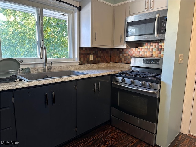 kitchen with white cabinetry, sink, dark hardwood / wood-style flooring, stainless steel appliances, and plenty of natural light