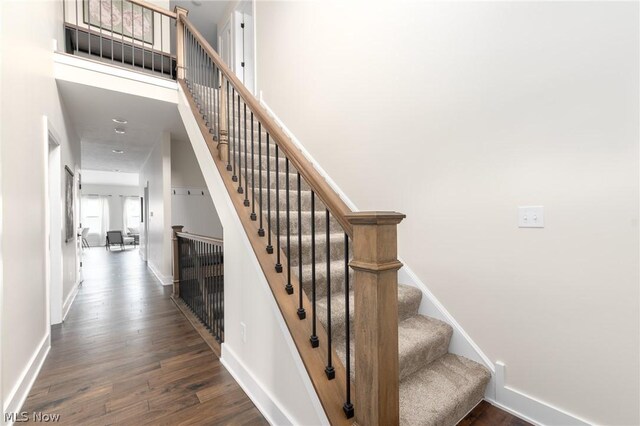 staircase featuring a high ceiling and dark hardwood / wood-style floors