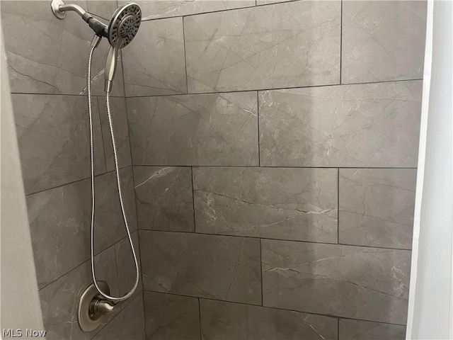 interior details featuring a tile shower