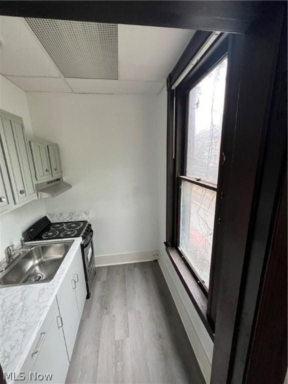 kitchen with black electric range oven, sink, and light wood-type flooring