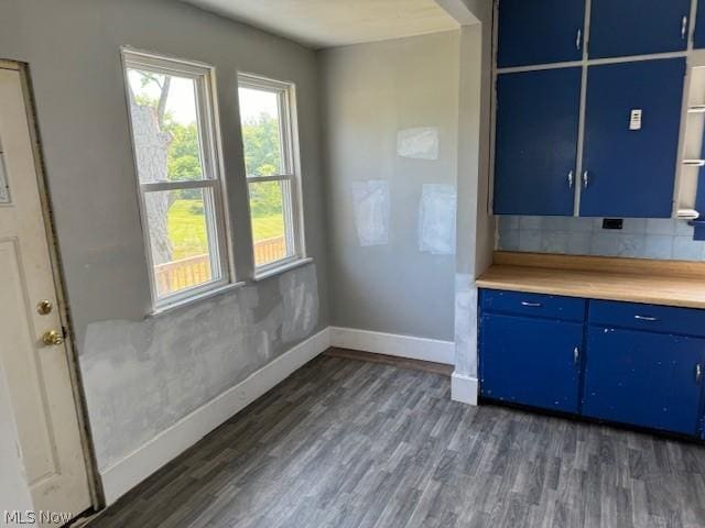 kitchen featuring blue cabinetry and dark hardwood / wood-style flooring