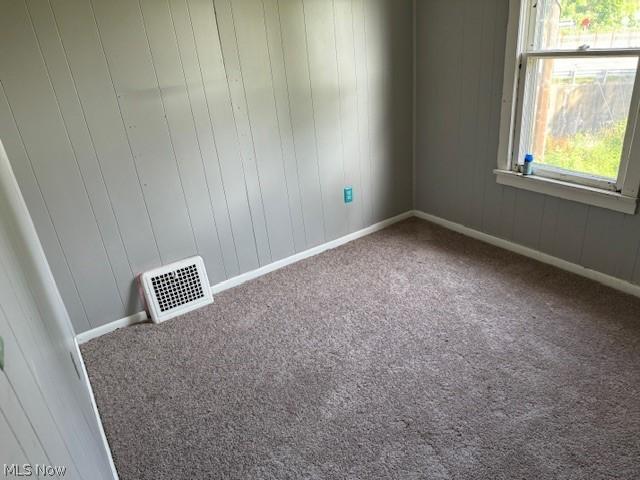 unfurnished room featuring carpet floors and wood walls