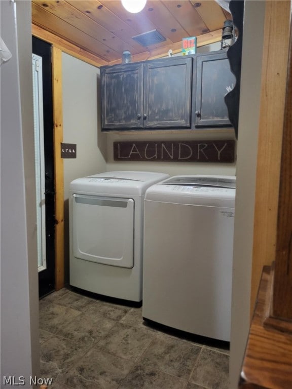 laundry room with wood ceiling, cabinets, and independent washer and dryer