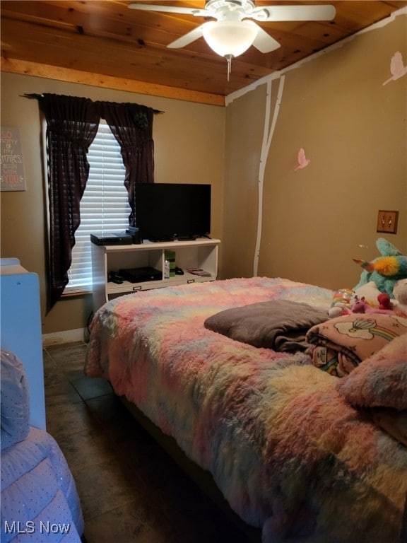 bedroom featuring ceiling fan and wood ceiling