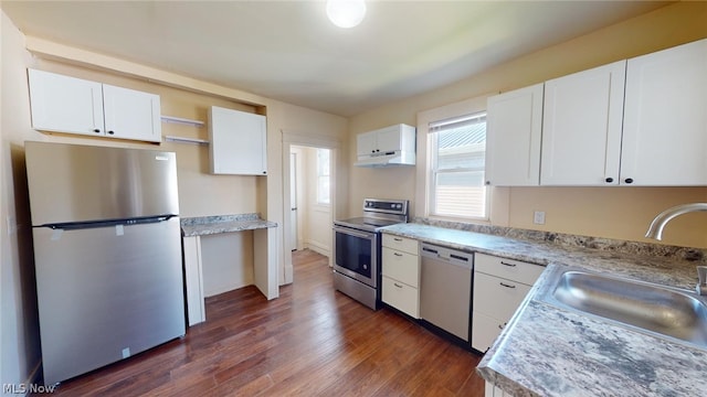 kitchen featuring stainless steel appliances, white cabinetry, sink, and dark hardwood / wood-style flooring