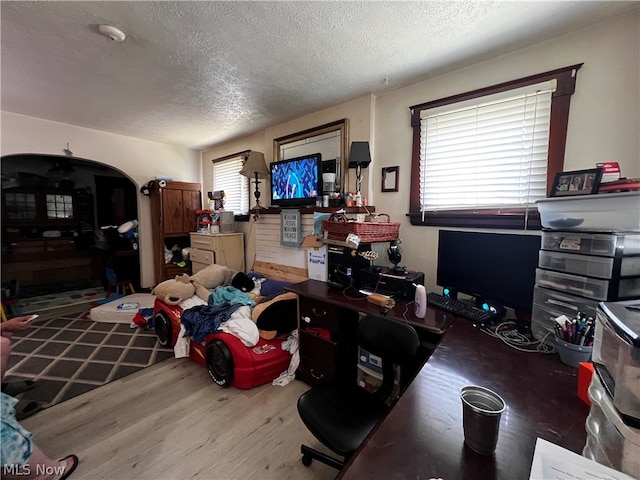 office featuring hardwood / wood-style flooring, a textured ceiling, and plenty of natural light