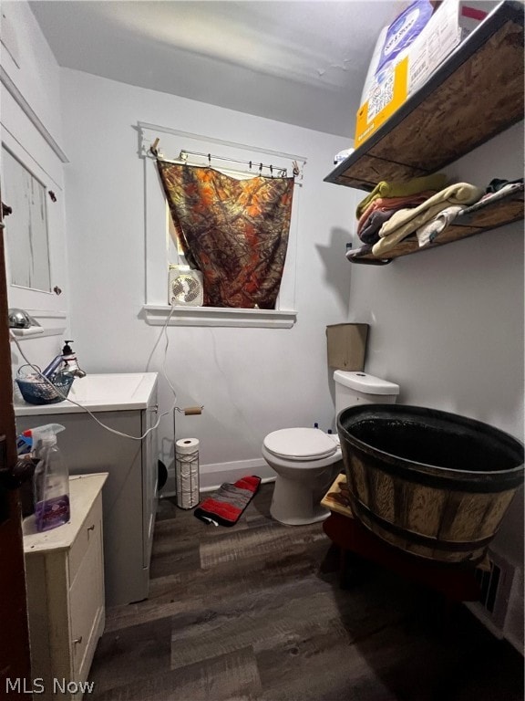 bathroom with vanity, hardwood / wood-style flooring, and toilet