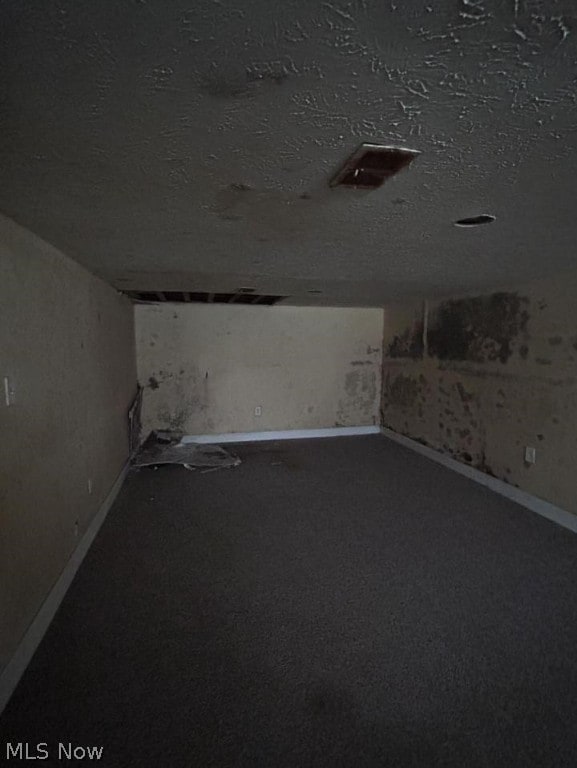 interior space featuring carpet floors and a textured ceiling