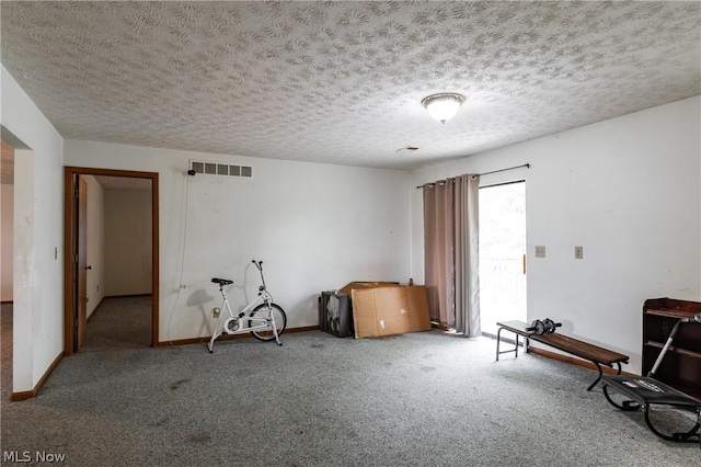 misc room featuring a textured ceiling and carpet