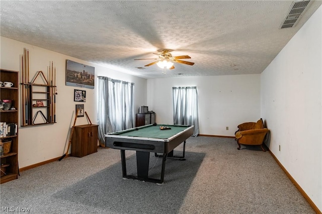 recreation room with a textured ceiling, carpet floors, billiards, and ceiling fan