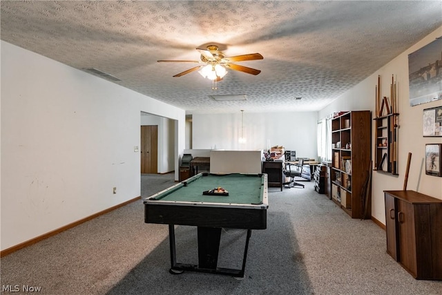 game room featuring ceiling fan, billiards, carpet, and a textured ceiling