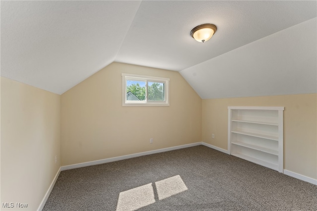 additional living space featuring carpet floors, a textured ceiling, vaulted ceiling, and built in features