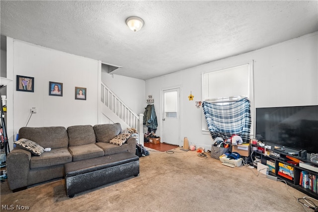 carpeted living room with a textured ceiling