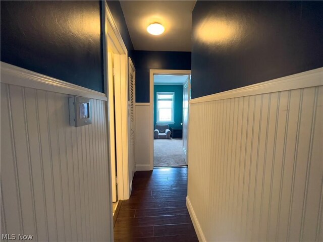 corridor featuring wood walls and dark hardwood / wood-style floors