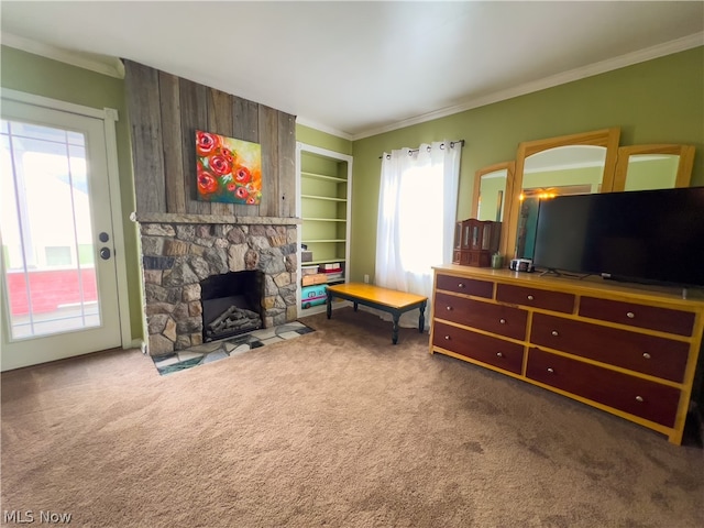 carpeted living room with a stone fireplace and crown molding