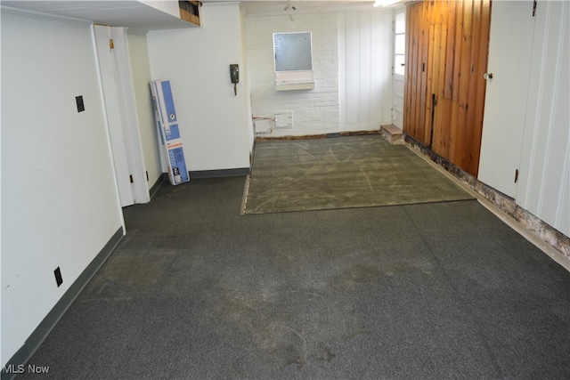 basement with dark carpet