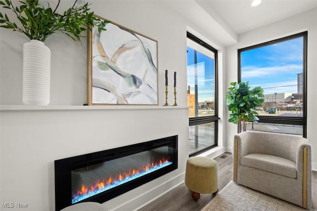 living area featuring wood finished floors, baseboards, a glass covered fireplace, and recessed lighting