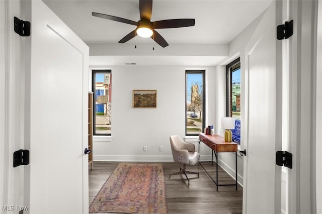 office space featuring wood finished floors, a ceiling fan, and plenty of natural light