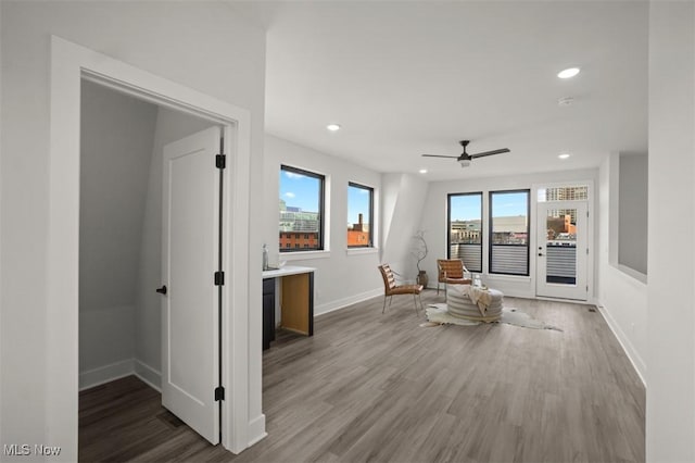 sitting room featuring recessed lighting, baseboards, a ceiling fan, and wood finished floors