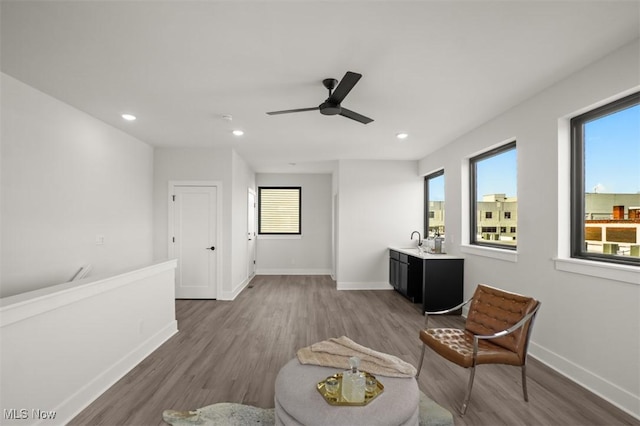 sitting room with baseboards, wood finished floors, and a healthy amount of sunlight