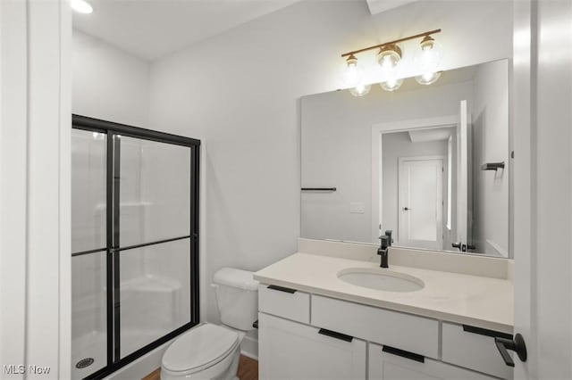full bath featuring vanity, a stall shower, and toilet