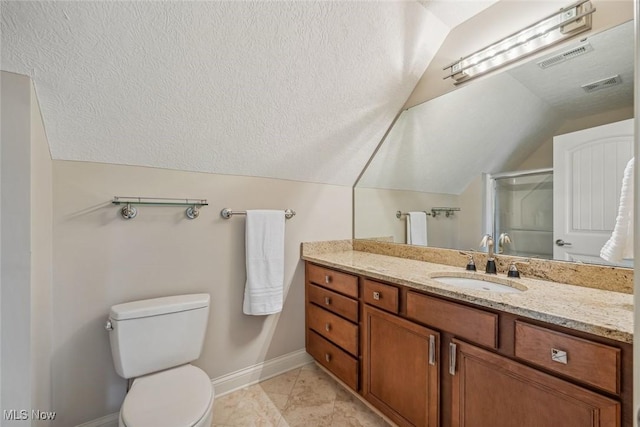 full bath featuring visible vents, a shower stall, a textured ceiling, and vaulted ceiling