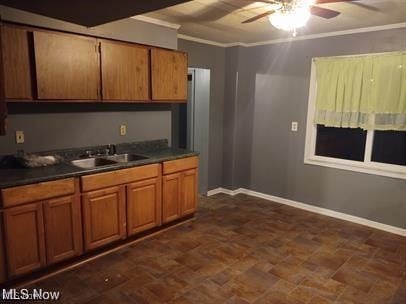 kitchen with ceiling fan, ornamental molding, and sink