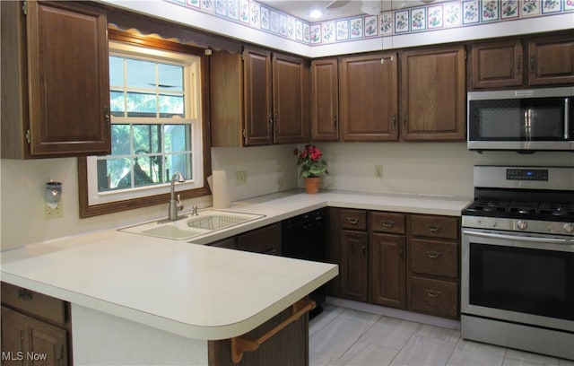 kitchen with sink, dark brown cabinets, stainless steel appliances, and kitchen peninsula