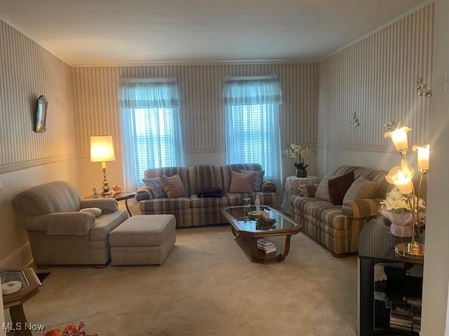 living room with carpet flooring and ornamental molding