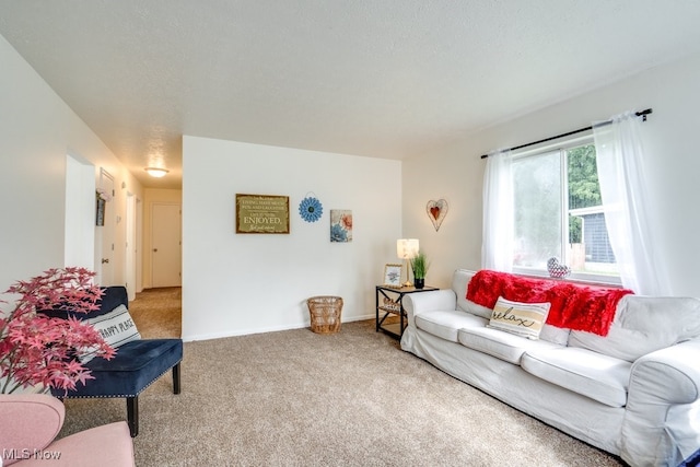 living room with light carpet and a textured ceiling