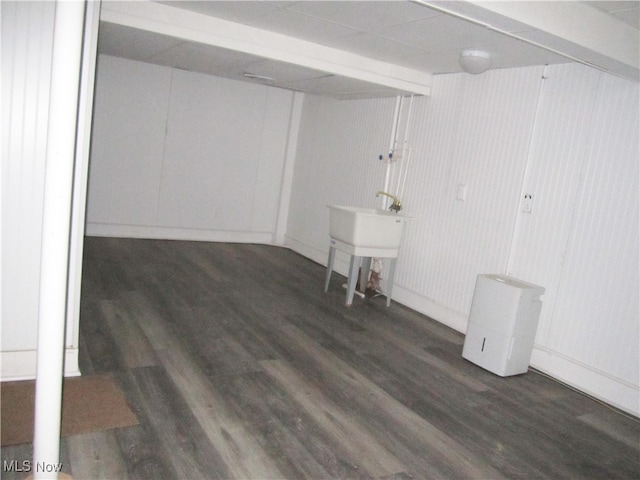 basement with dark hardwood / wood-style flooring