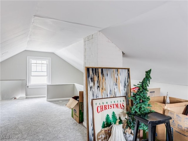 additional living space with vaulted ceiling and carpet flooring