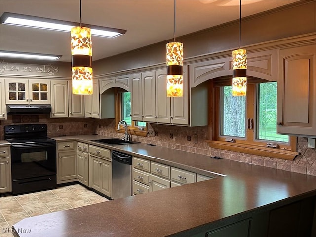 kitchen with black range with electric cooktop, under cabinet range hood, decorative backsplash, stainless steel dishwasher, and a sink