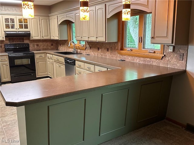 kitchen with a sink, backsplash, black range with electric cooktop, under cabinet range hood, and stainless steel dishwasher