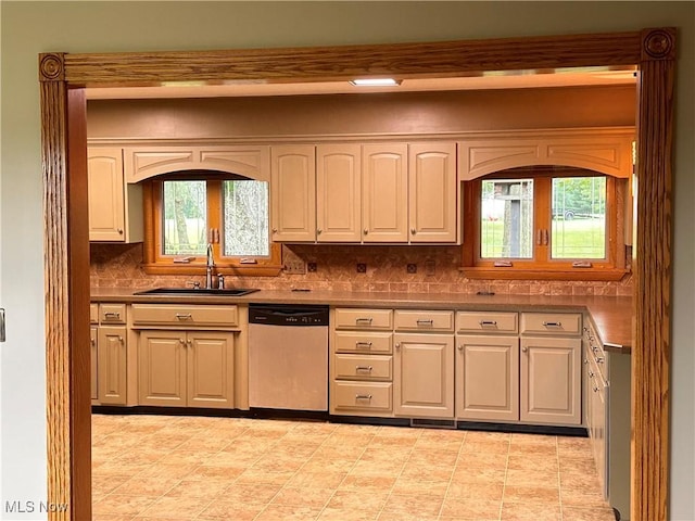 kitchen featuring a sink, plenty of natural light, decorative backsplash, and stainless steel dishwasher