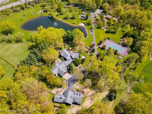 aerial view featuring a water view