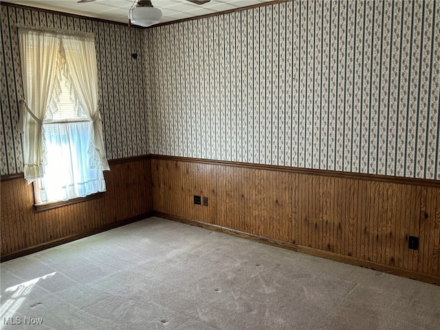 carpeted spare room with wood walls